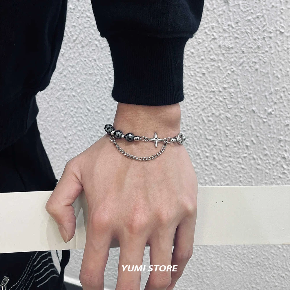 Fashion Star Cross Bracelet For Man Woman Titanium Steel Non Fading Spliced Beaded Bracelet Hip Hop Jewelry Kpop Gift