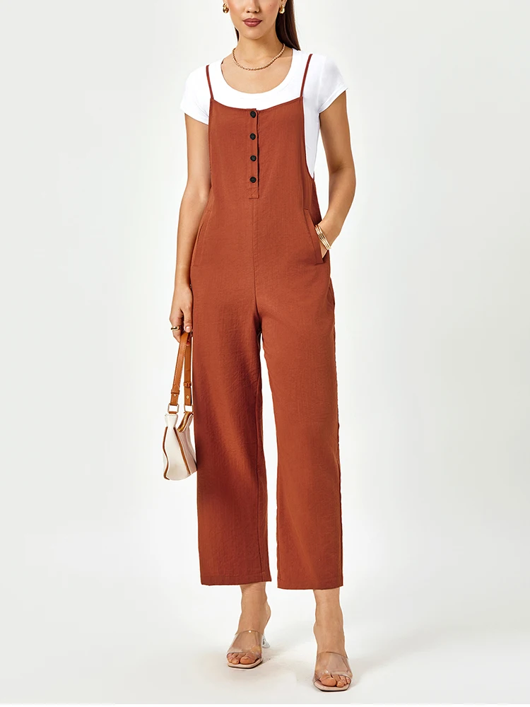 

NewAsia Women's Sleeveless Jumpsuit with Suspender Slim Casual Pocket Monochromatic Summer Autumn Fashion Female Clothing 2025