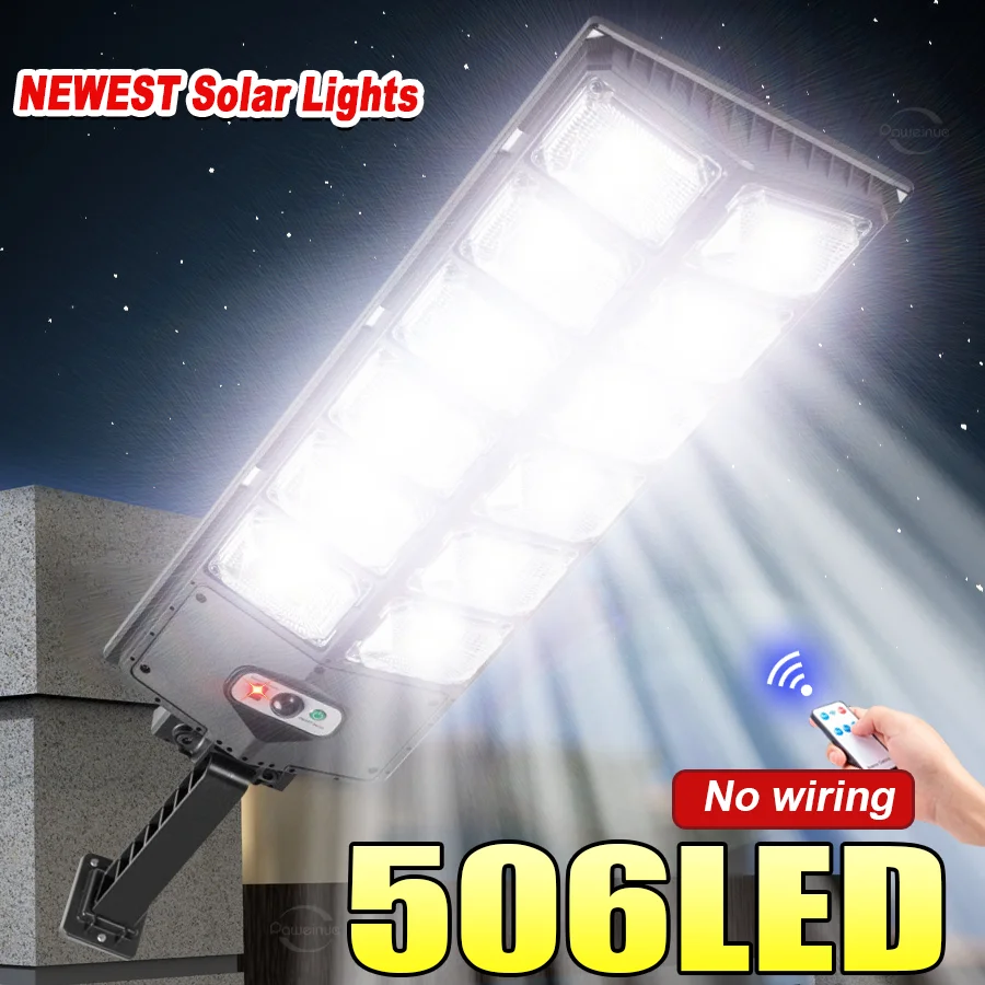 

506LED Solar Lights Powerful Outdoor Waterproof LED Lights Motion Sensor with Remote 3 Modes Street Lamp for Yard Garden Path