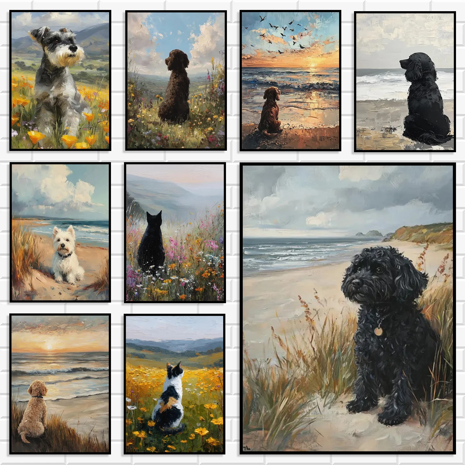 Retro Countryside Pet Wall Print Bundle Warm Rural Seaside Dog Cat Art Decor Pet Lover Farm House Housewarming Gift Home Decor