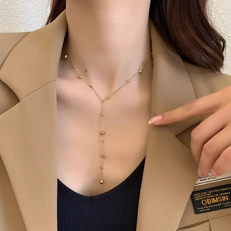 316L Stainless Steel Gold Color Beads Long Pendant Necklace For Women Fashion Choker Clavicle Chain Jewelry Gift Wedding image 5
