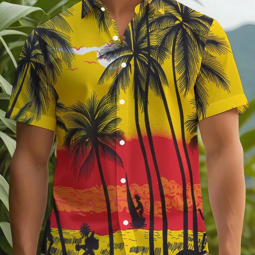 Ropa de fiesta de verano para hombre, camiseta de hombre, camisa informal de manga corta, camisa hawaiana de árbol de coco 2024