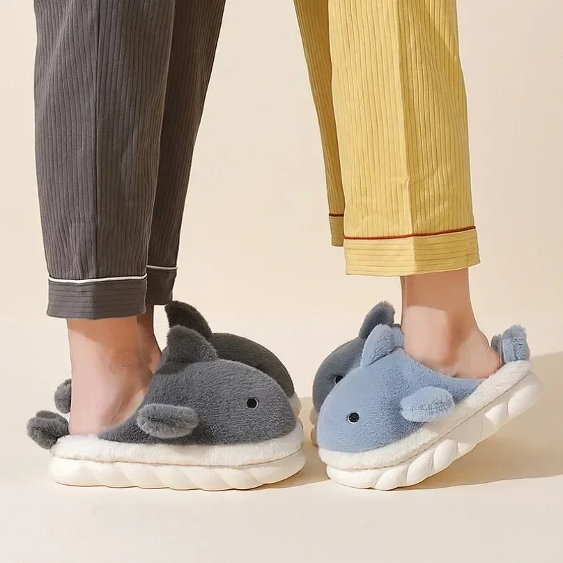 House Shark Slipper Women Fuzzy Winter Warm Cartoon Funny Fur Plush Non Slip Indoor Lazy Female Lovely Home Room Shoe Men Male