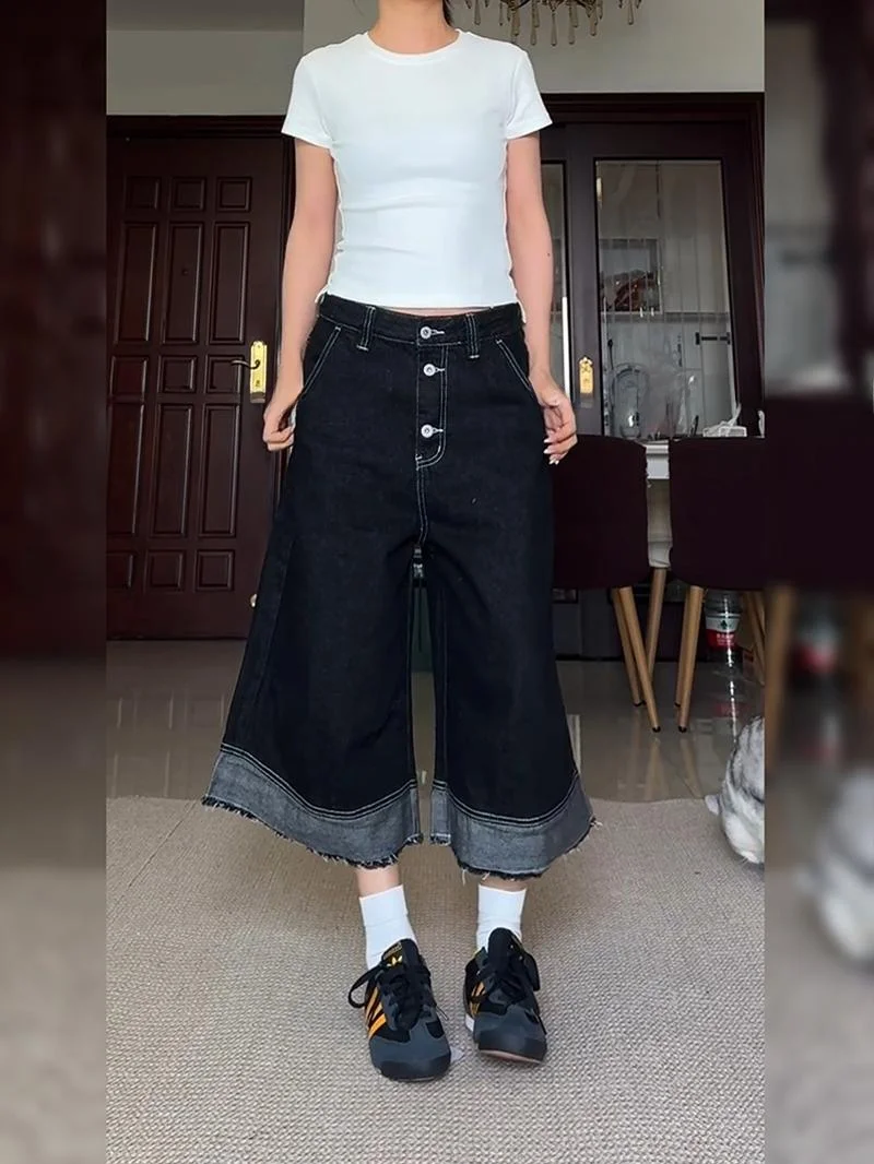 

Ретро-джинсовые шорты в американском стиле с эффектом потертости и цветовыми блоками, женские летние, с эффектом поношенности, с множеством карманов, на пуговицах, длиной до колена