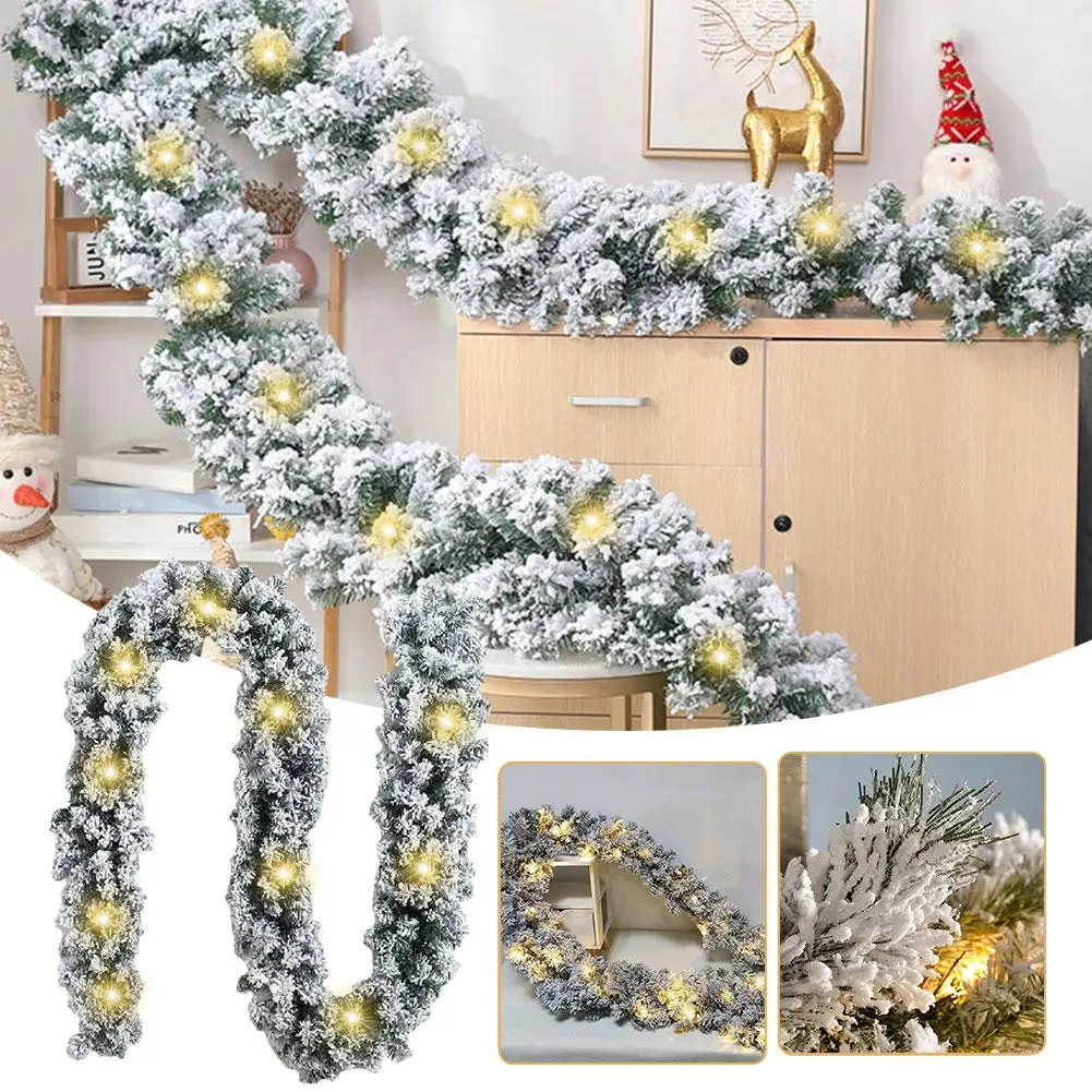 9 Ft Flocked Garland With Lights Snow Flocked Christmas Garland,glittered Frosted Garland For Mantle With Warm White Led Li E0b6