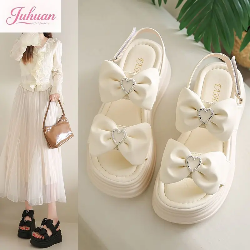 

Женские сандалии на толстой подошве, новинка лета 2021, универсальные пляжные тапочки в стиле Лолиты с милым бантом и плоской подошвой для девочек
