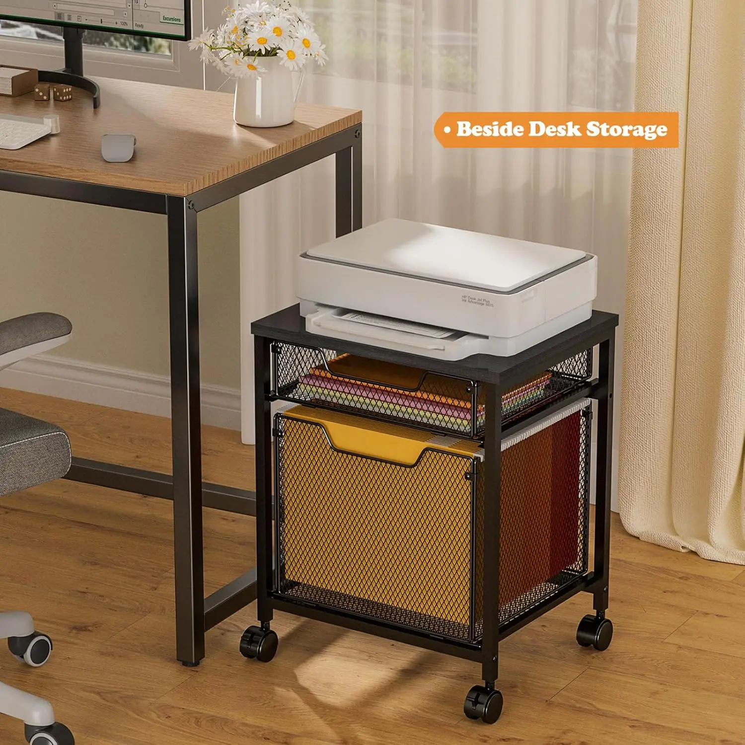 Rolling File Cabinet Cart, Printer Stand with 2 Storage Drawers, Mobile Filing Cabinet on Lockable Wheels