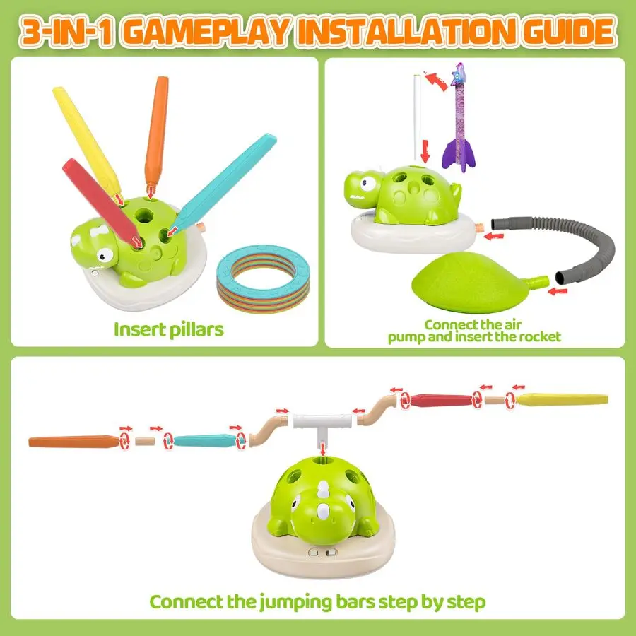 3 in 1 Dinosaur Musical Jumping, Toss Ring and Stomping Launch Rocket Launcher, Indoor amp Outdoor Sports Toys with Remote Contr