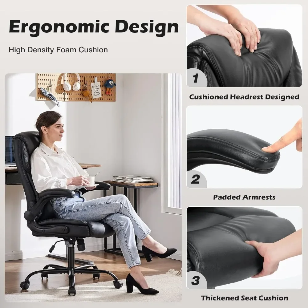 Sillas de escritorio de oficina de cuero con respaldo alto para ejecutivos, soporte Lumbar abatible, altura ajustable, ruedas, acolchado suave, negro