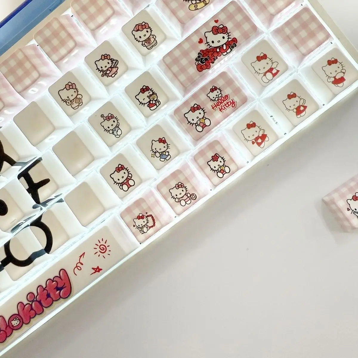 Cute Hello Kitty Transparent Keycaps Pink Clear Backlit Pbt Keycaps, Fit Cross & Satellite Axis for 60%-80% Mechanical Keyboard view 4