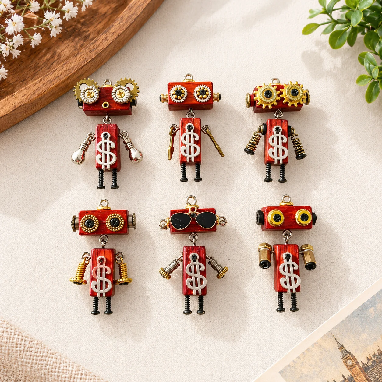Handcrafted Punk Wooden Robot Pendant for DIY Necklace Keychain Accessory