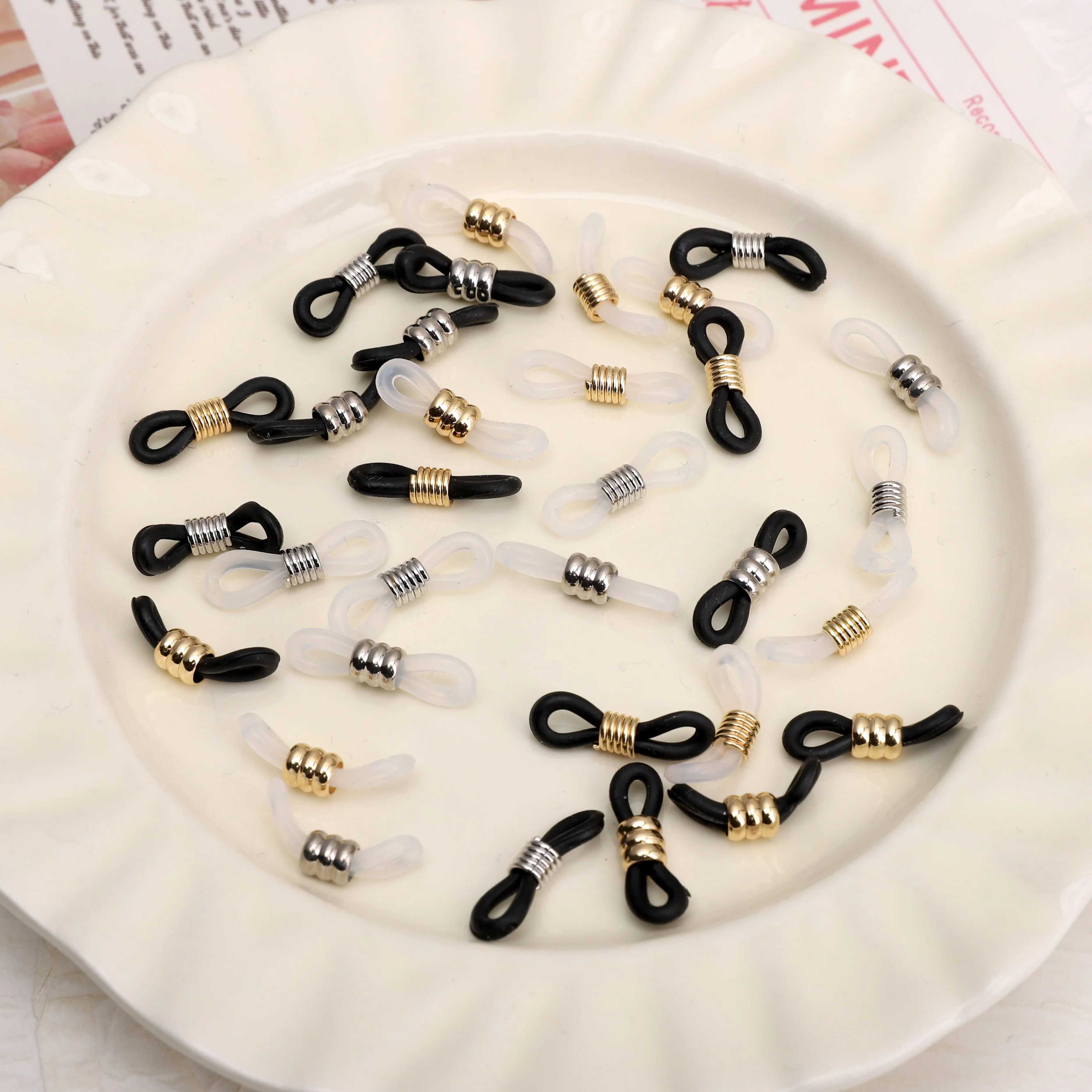 2 peças 20x6mm 18k banhado a ouro/platina ajustável antiderrapante extremidades de corrente de óculos retentor de silicone conectores de anel de óculos