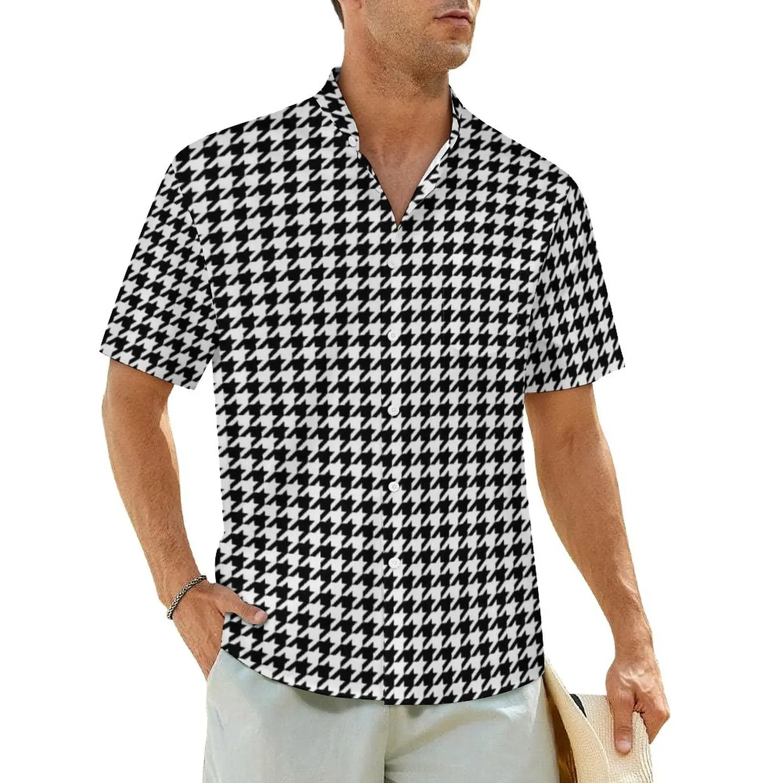 

Summer Shirt Beach Black White Houndstooth Blouses Trendy Deco Chic Retro Casual Shirts Short Sleeve Stylish Oversized Clothing