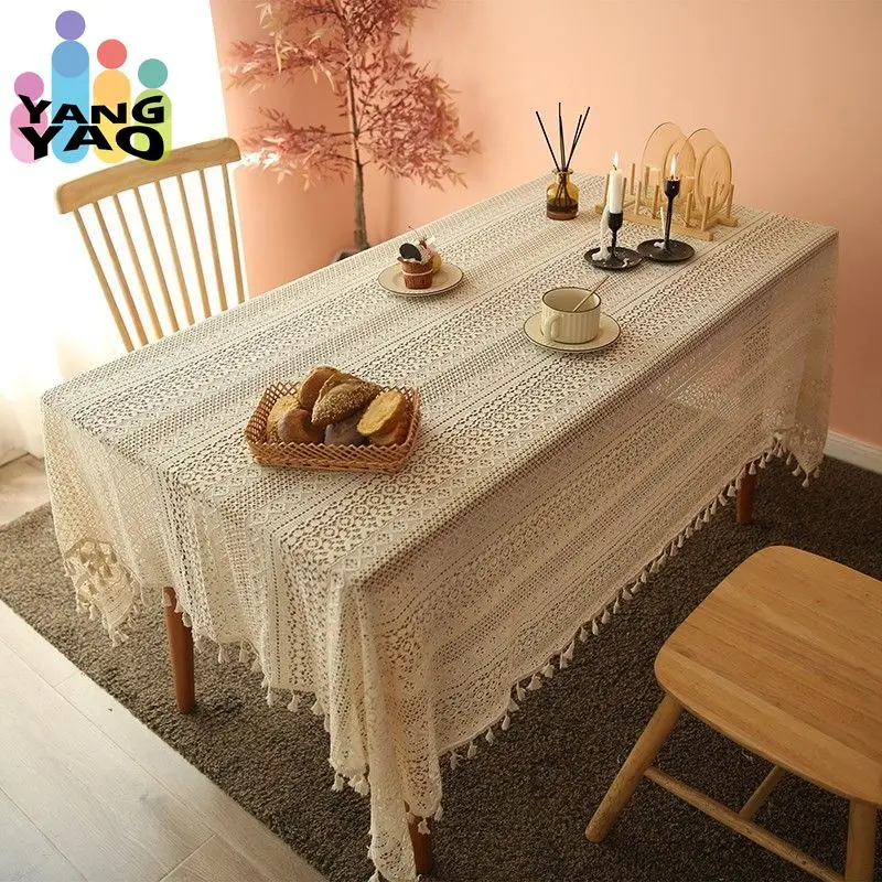 Hollow Out Lace Table Cloth Off White Fringe Edge Crochet Tabletop Cover   Homestay Home Furnishings Decorative Tablecloth