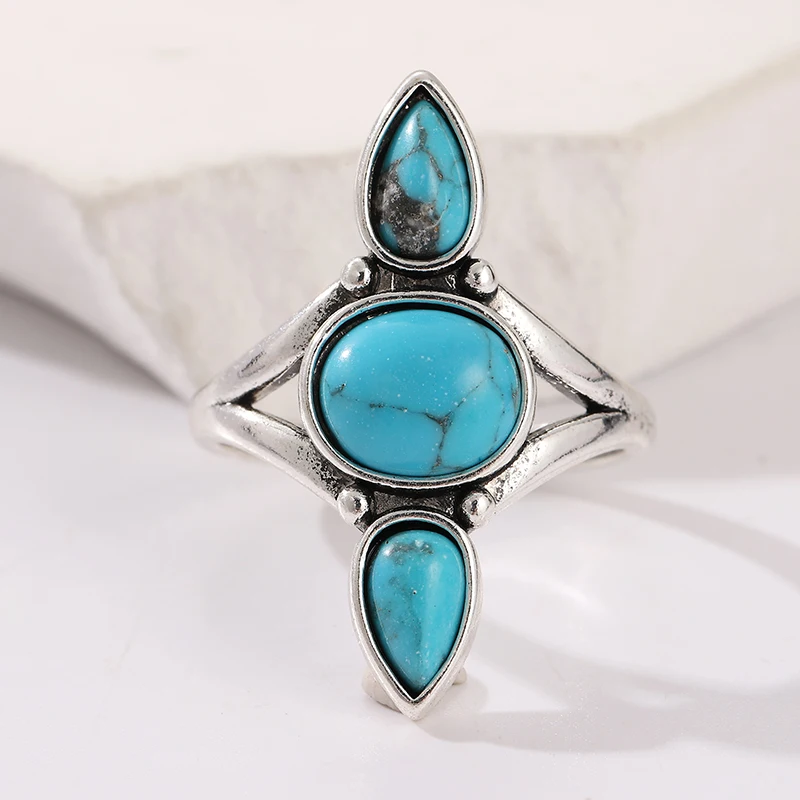 Ethnischer Ring mit eingelegtem Imitationstürkis für Damen, Vintage-Silberfarbe, geometrisch, für den täglichen Gebrauch, Partyschmuck, Jubiläumsgeschenk – Detail 2