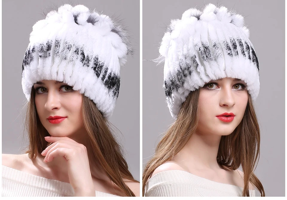 Strickmütze für Damen, 100 % echte Rex-Kaninchenfellmütze mit Blumen, Oberteile, warme, hochwertige Beanie-Damenmütze aus echtem Pelz für den Winter – Detail 26