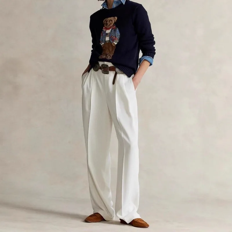 2025 New Women's Cotton Cartoon Bear Print Sweater Round Neck College Style Youthful Loose Fit for Autumn Winter Casual