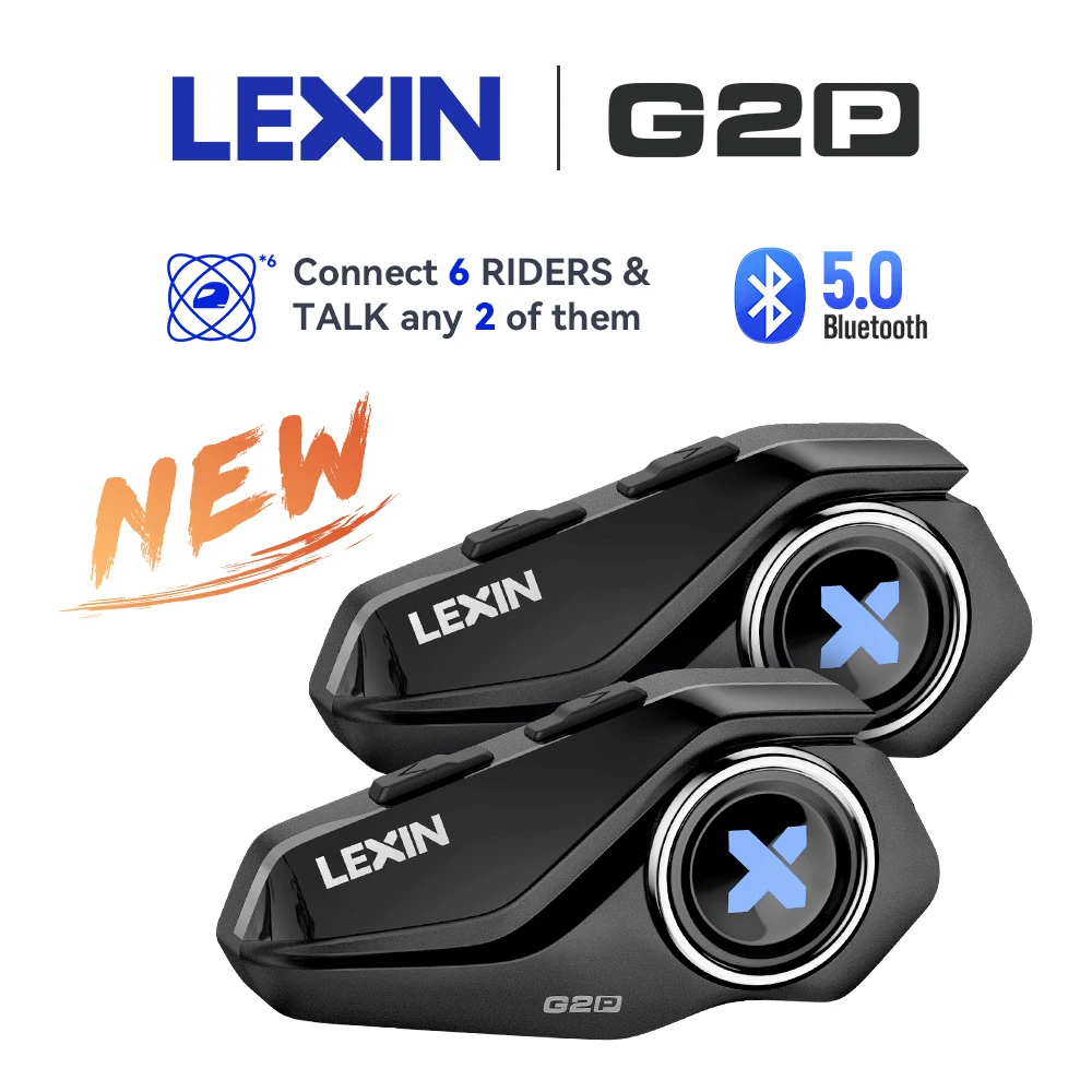 Lexin G2P Motorrad-Gegensprechanlage, Helm-Bluetooth-Headsets, Freisprech-Kommunikator für bis zu 6 Fahrer, Gegensprechanlage mit UKW-Radio