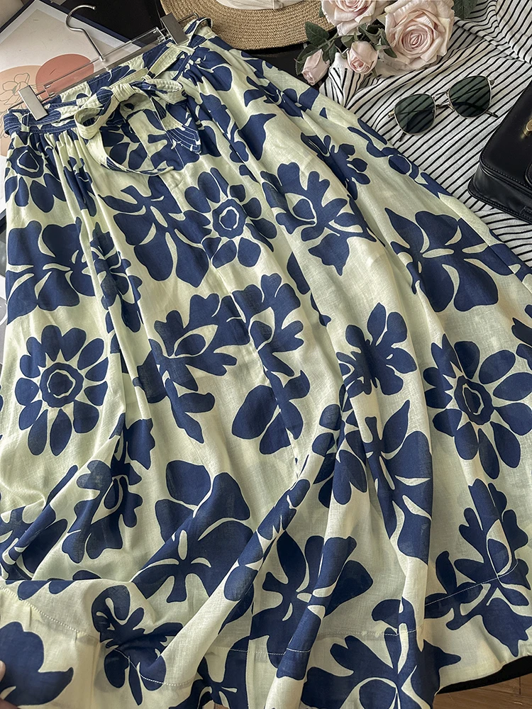 

Floral Print High Waist Belted Slimming Maxi Skirt Women's Holiday Artistic Sle f-length Gown Summer 2024 New Arrival