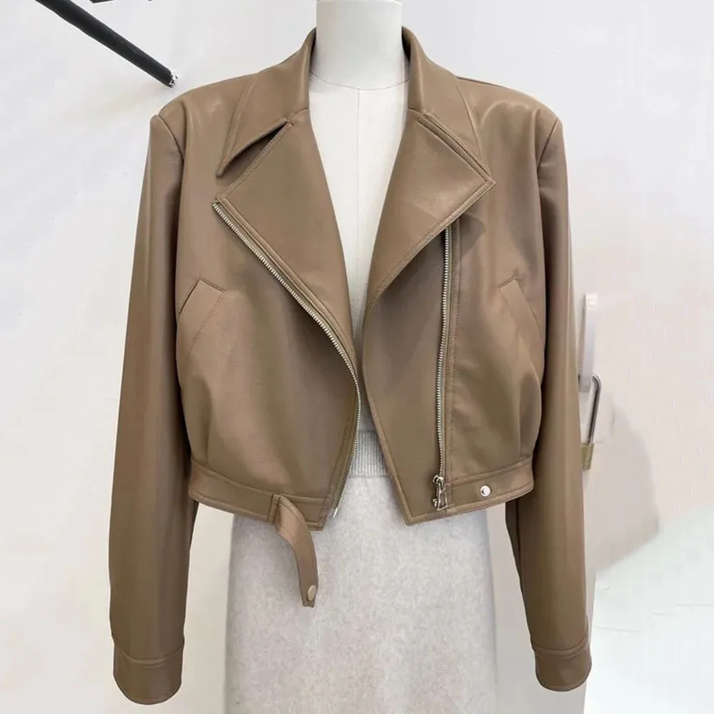 

Korean Style Elegant Short Jackets For Women Autumn Faux PU Leather Jacket Casual Lapel Coat Vintage Zipper Motorcycle Outerwear