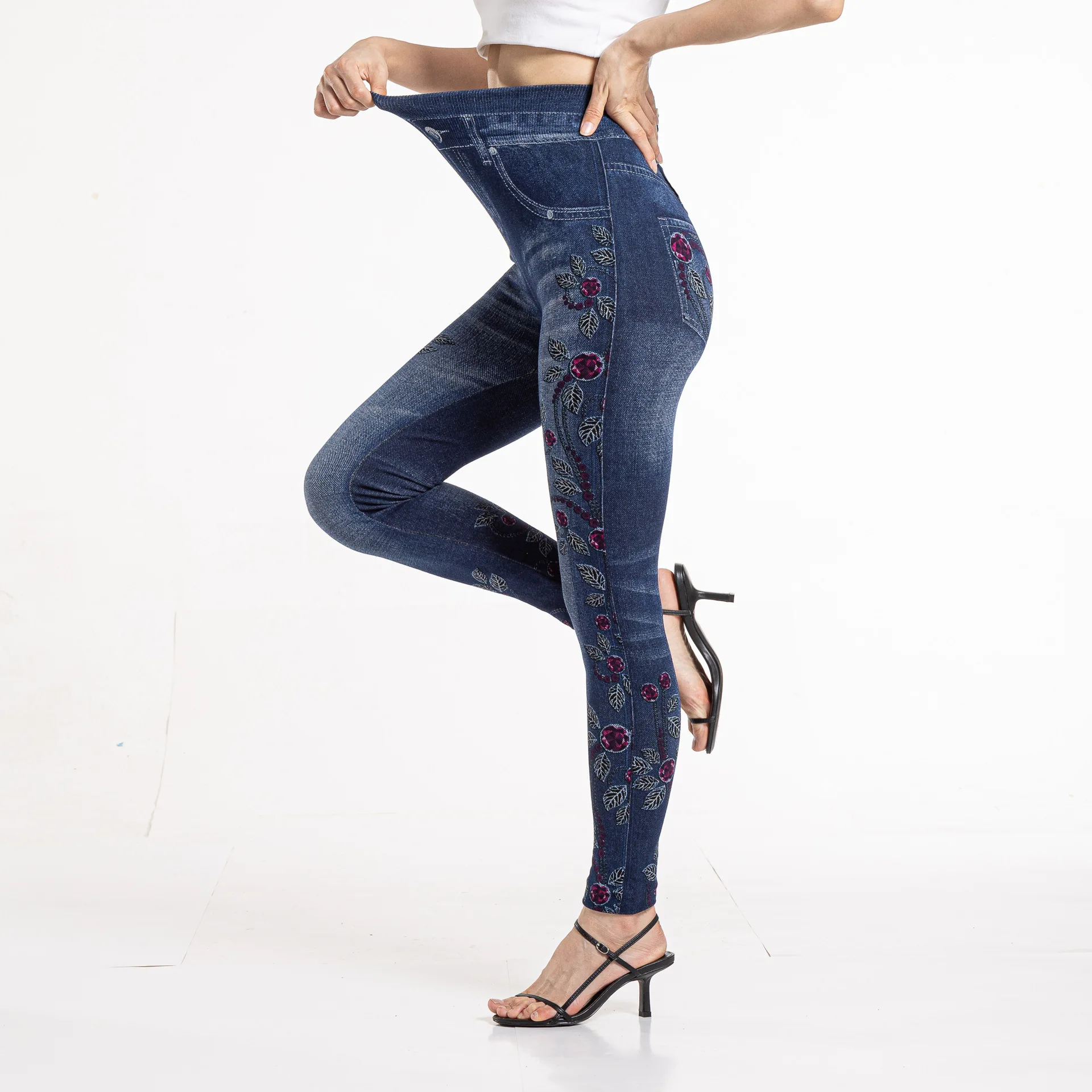 Jeans Faux de cintura alta sem costura para mulheres, jeggings estampados, calças de algodão, leggings sexy girl, legging fitness