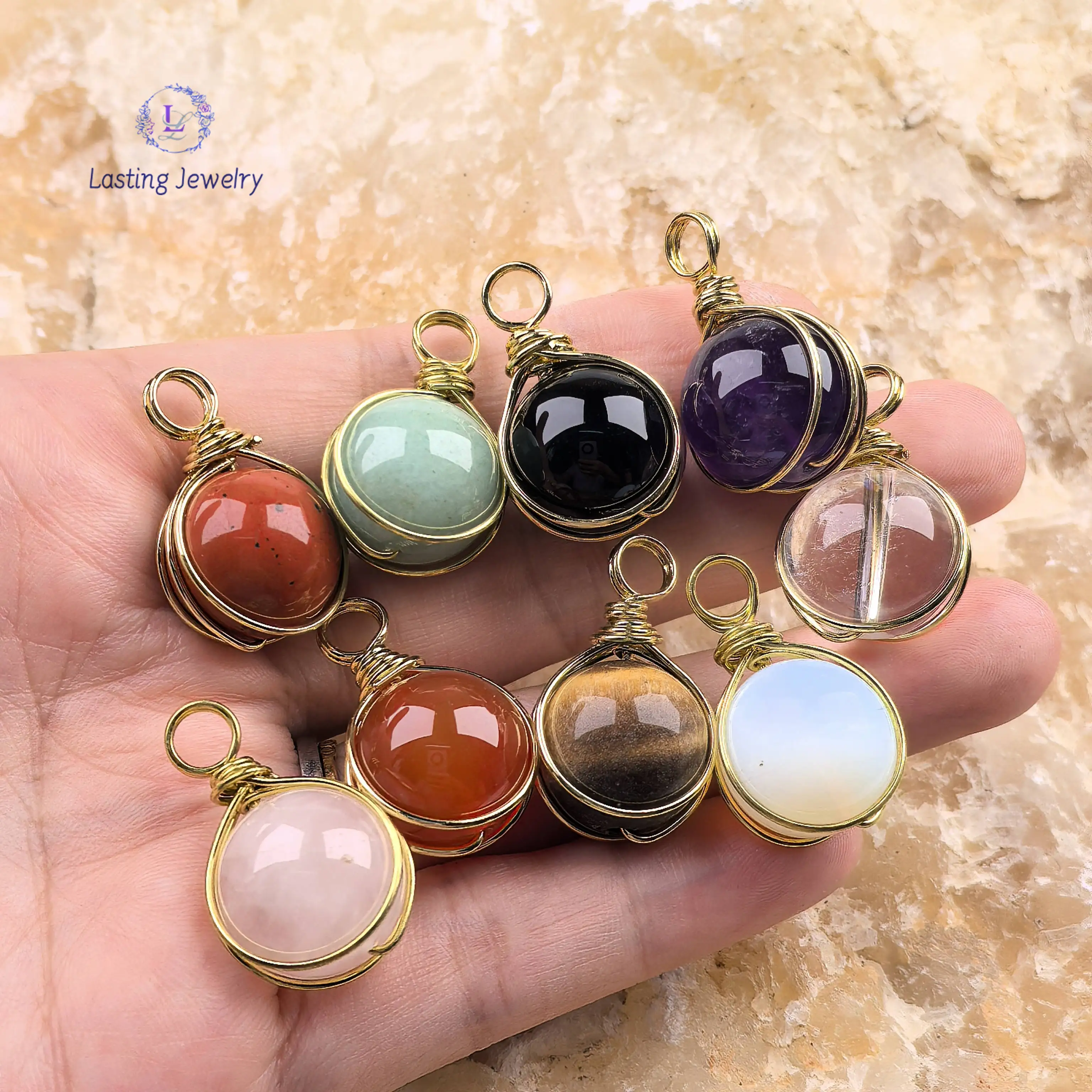 

16mm Crystal Ball Pendants Gold Wire Wrapped,Reiki Crystal Healing Quartz Amethyst Round Bead Charms Pendulum Necklace Jewelry