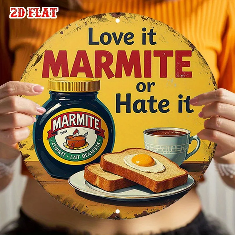 لافتة مسطحة ثنائية الأبعاد، قطعة واحدة من علامة المارميت المستديرة المصنوعة من الألومنيوم - "أحبها أو أكرهها" لوحة فنية جدارية للطعام البريطاني، 7.87 × 7.87 بوصة، ديكو إفطار ريفي #6