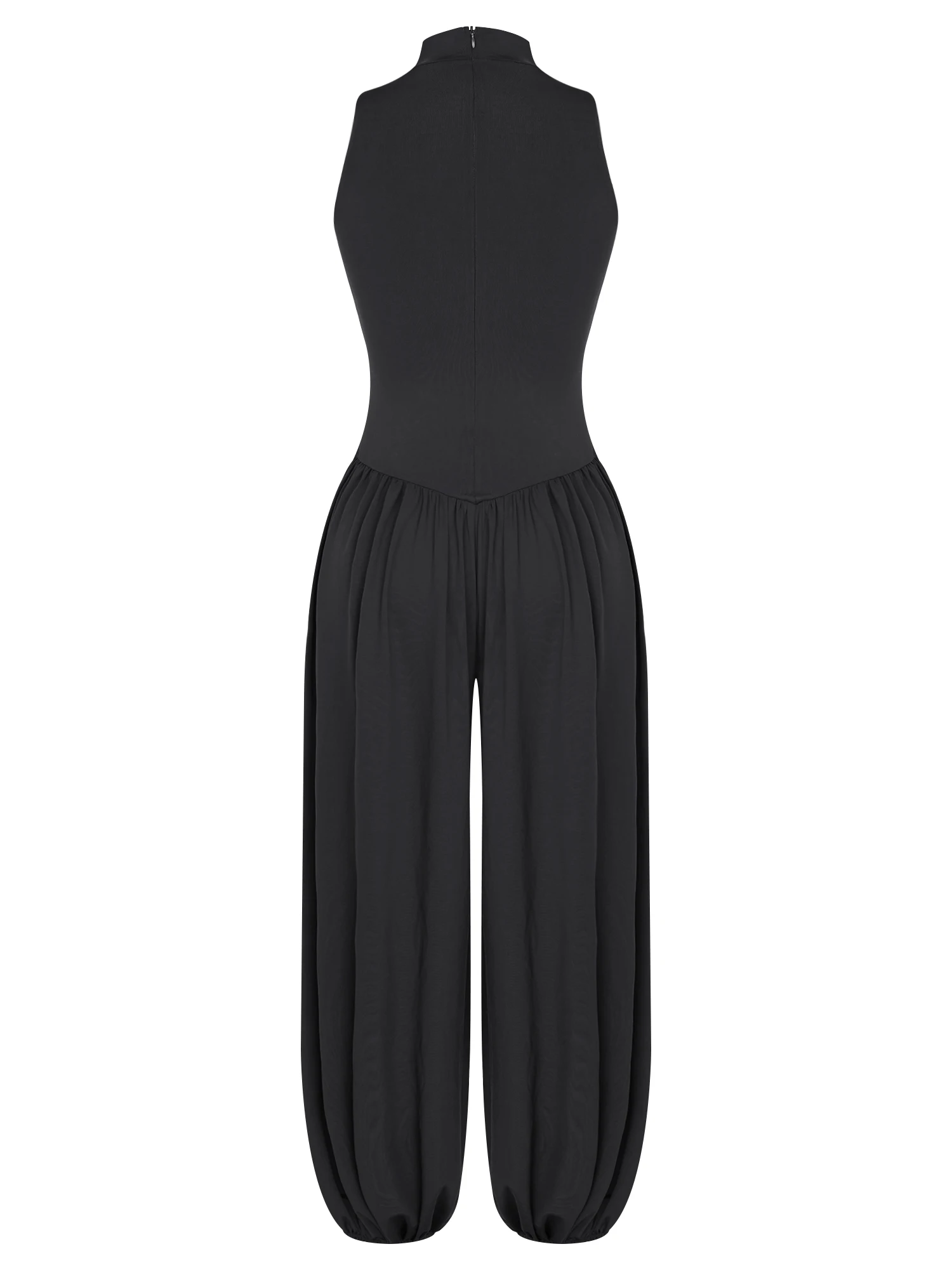 Women Jumpsuit Mock Neck Sleeveless Back Zipper V Waist Wide Leg Baggy Pants Stretchy Breathable for Vacation Office Work Summer