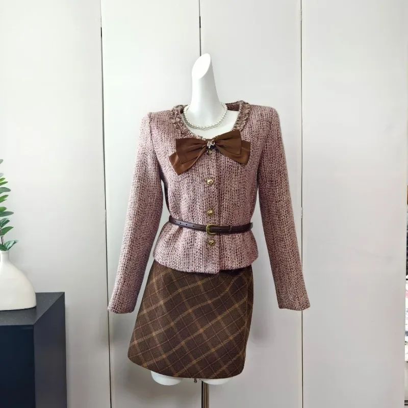 MiiiiX Office Lady Retro Elegant Bow O-neck Suit Tweed Jacket Plaid A-line Skirt Suits with Belt 2024 Autumn Women Two Piece Set