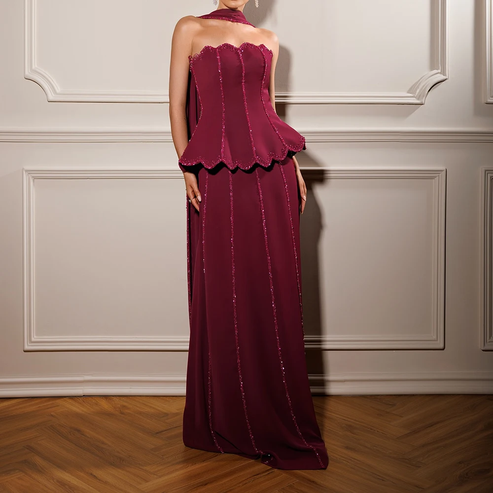 

Customized A-line Evening Dresses Floor-length Strapless Sleeveless Prom Gown Fashiom Sequined Simple Stole Draped Party Gown