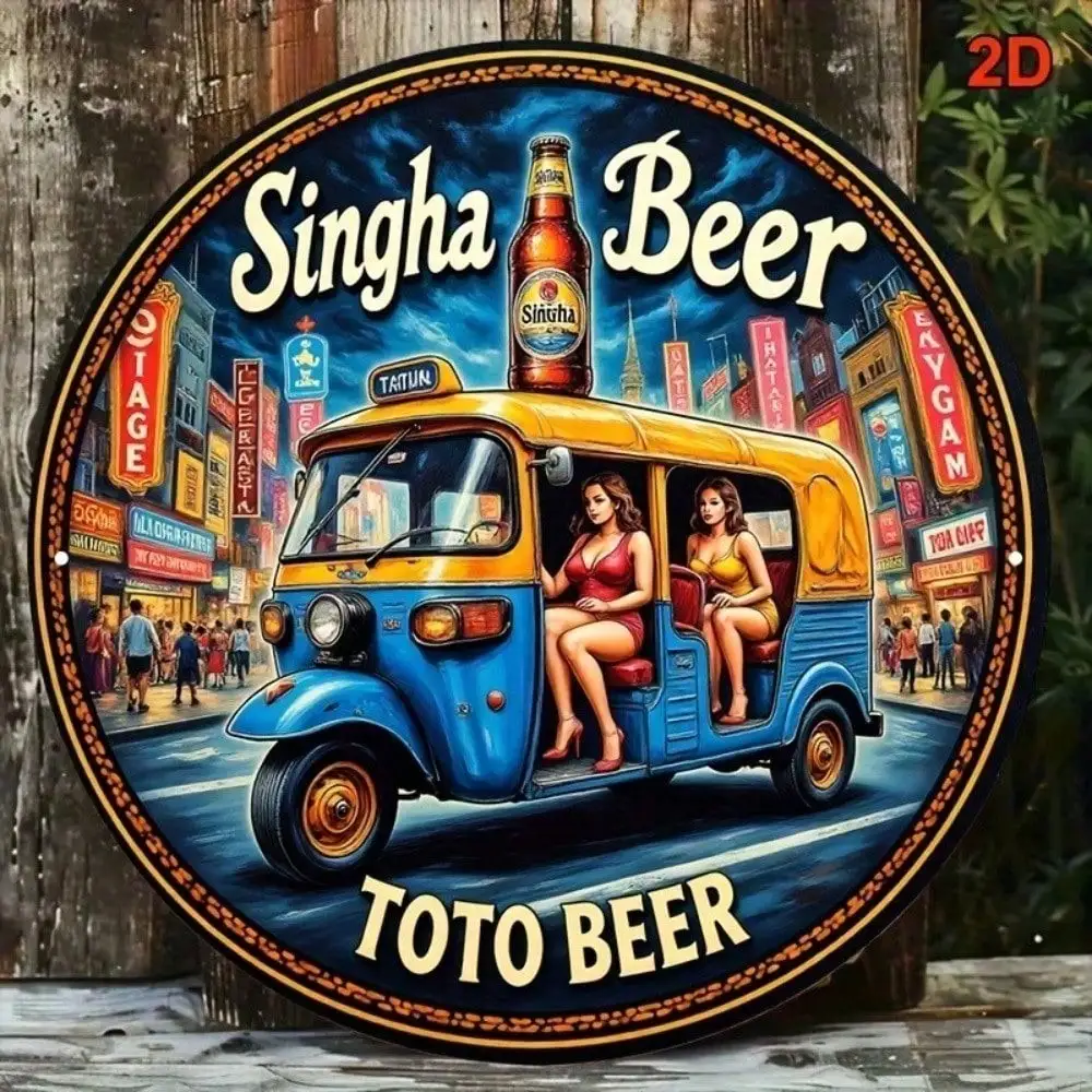 Letrero Metálico Vintage de Cerveza Singha, Placa Redonda de Pared de 8 Pulgadas para Decoración Rústica de Hogar, Bar o Cuarto de Hombre