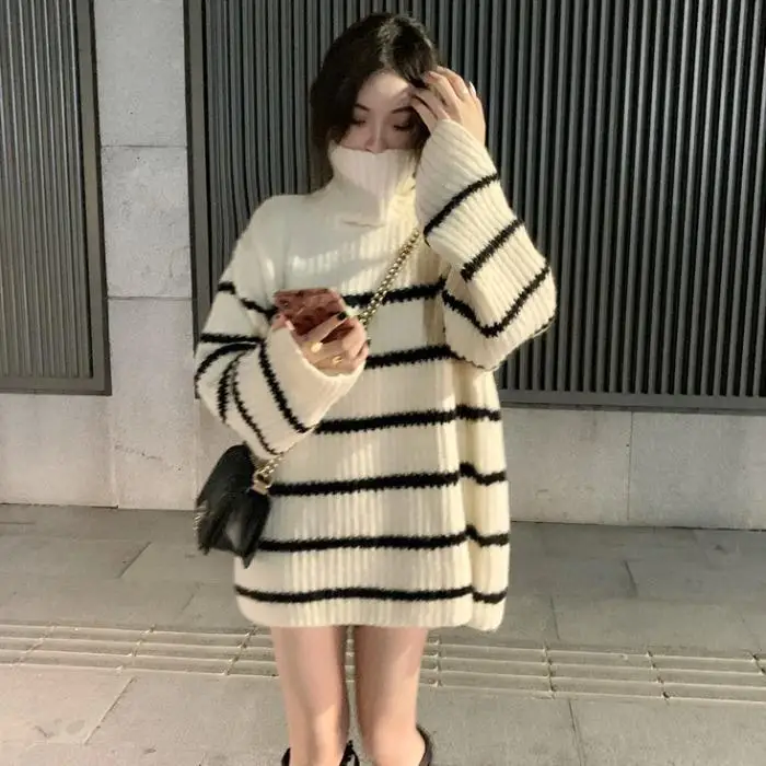 

2023 Sweater Women Mid-length Striped Turtleneck Sweater Girls Student Korean Style Loose Knit Sweater