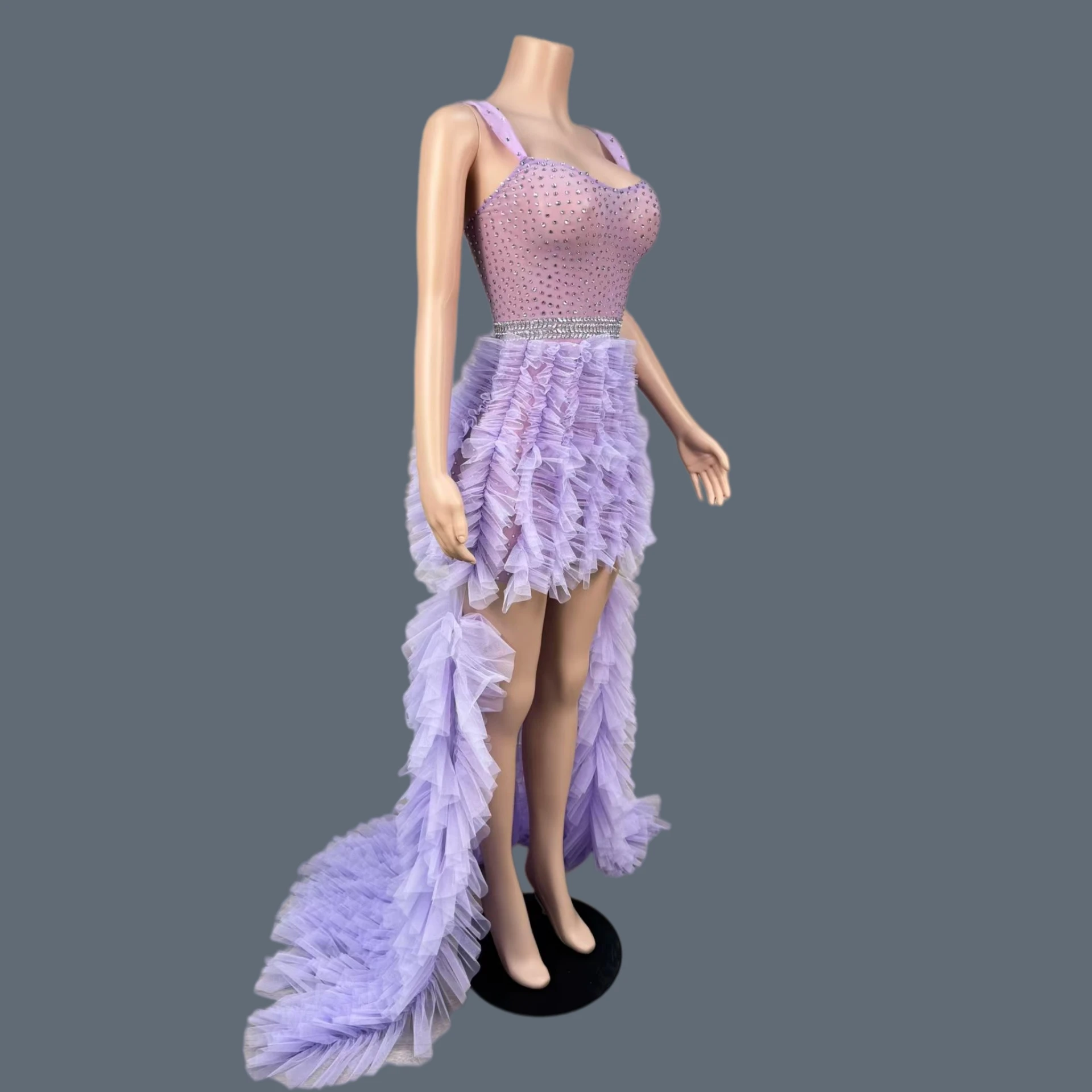 

Elegant Sparkly Rhinestone Dress Birthday Celebrate Party Theme Photo Shoot Wear Dress Sexy Mesh Birthday Long Tail Dress Furong