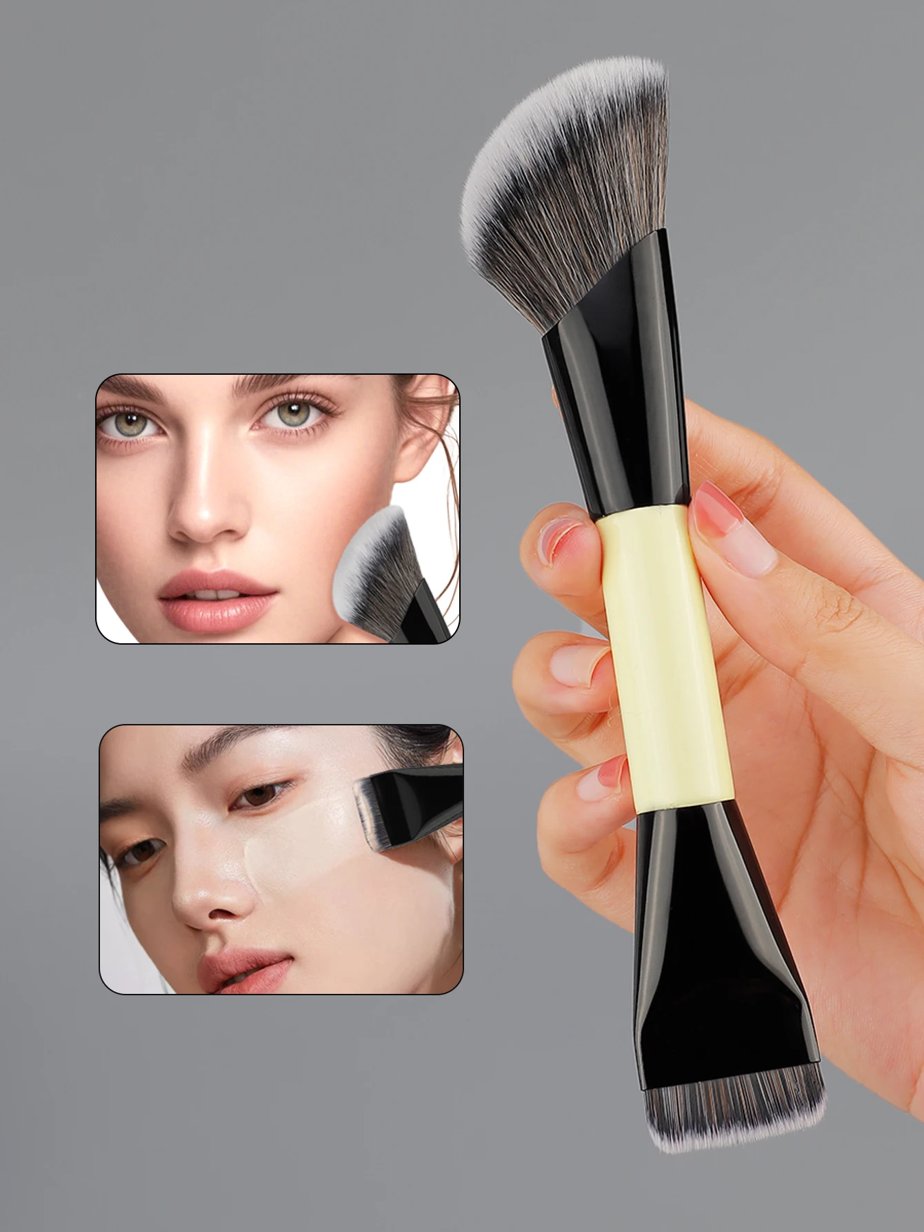 Neuer Dual-Head Einzel-Foundation- und Rouge-Pinsel mit weichen Haaren – Beauty-Tool für Gesichts- und Nasenkonturierung – Schwarz-Weiß-Pinsel