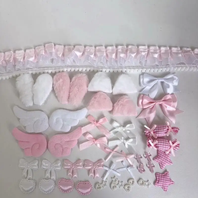 50Pcs DIY Ita Bag Decor Kit Lace Ribbon Bow Wing Charm Assortment Kawaii Lolita for Can Badge Photocard Enamel Pin Display Craft