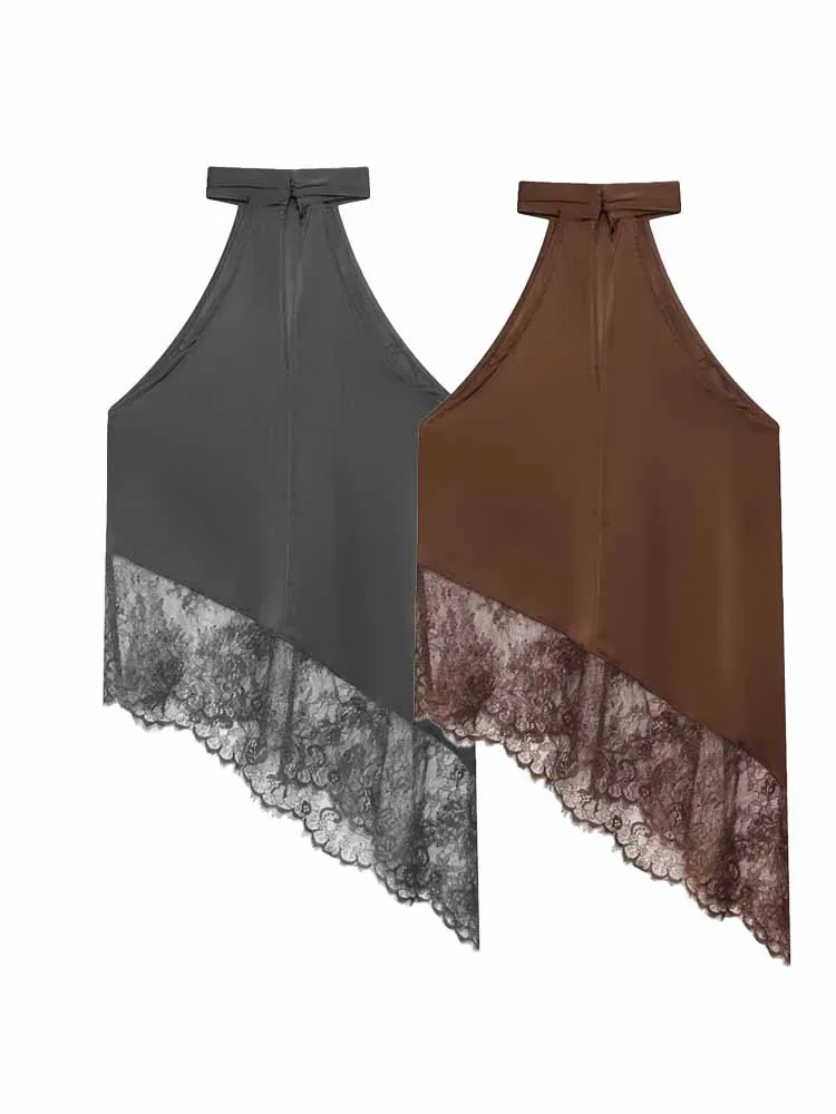 HH 2026 Woman New Fashion Sleeveless Sexy Backless Lace Patchwork Decoration Halter Collar Tops Female Casual Soft Halter Top