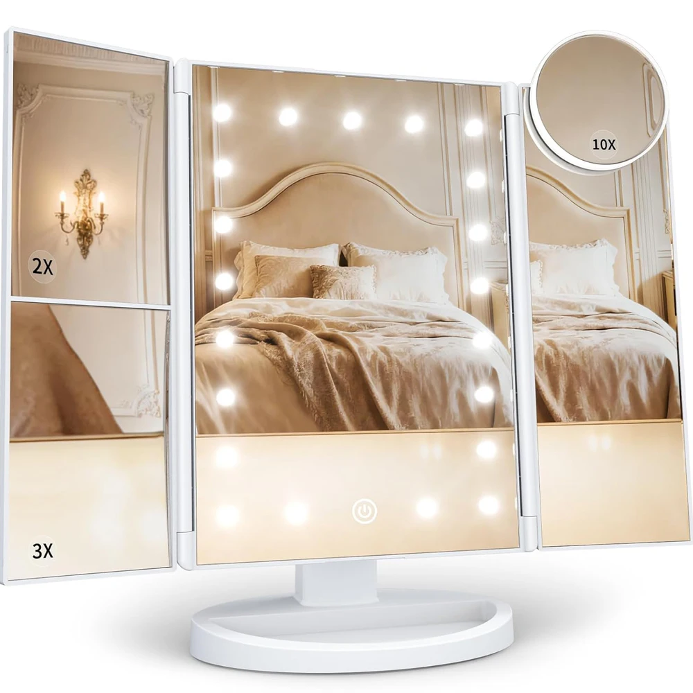 Makeup Mirror, Vanity Mirror with Lights, 2X/3X/10X Magnification, Touch Control, Trifold, Dual Power Supply, Mothers Day