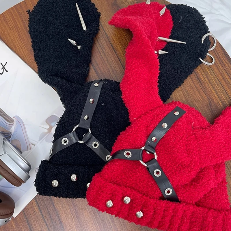 Vintage Punk personalisierte Niet Leder Schnalle Design Plüsch Kaninchen Ohr Mützen Kappe Y2K Winter warme vielseitige Pullover Hüte Frauen – Detail 3