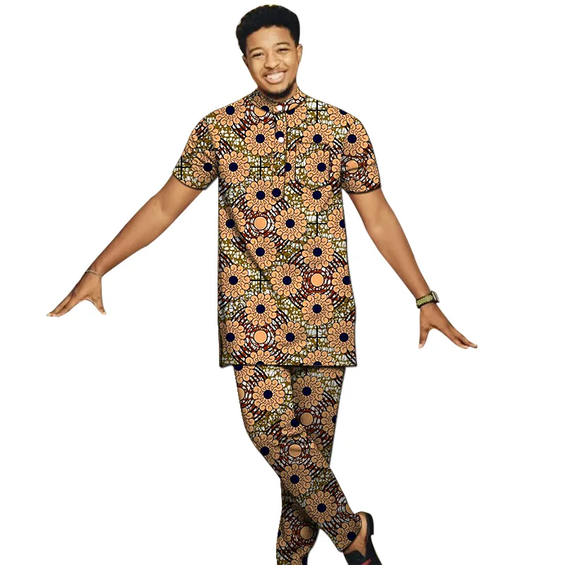 Ropa con estampado africano para hombre, camisas y pantalones con cuello Henry, conjuntos de pantalones personalizados, moda nigeriana, trajes