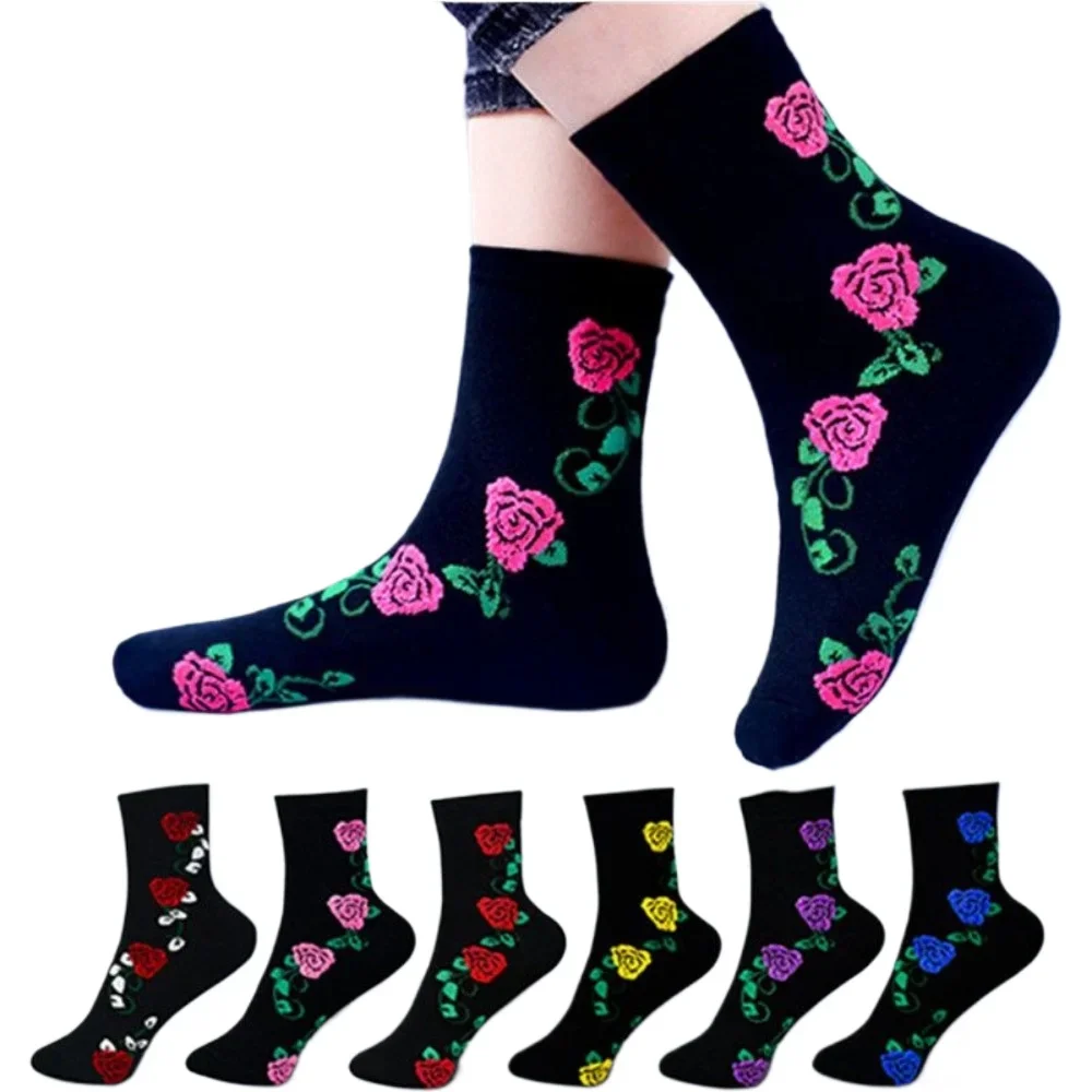 Trendy Exquisite Rose Cotton Deodorant Socks Warm antibacterial pilling-resistant socks 3 pairs Seasons Women's Mid-calf Socks 1