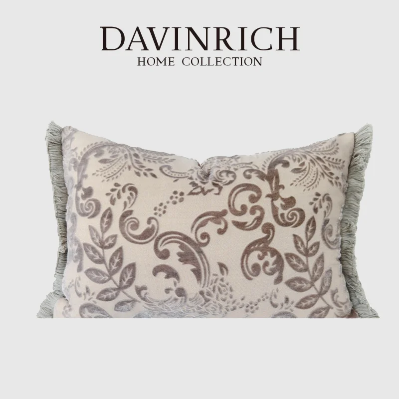 DAVINRICH Ivory Damask Style Patterned Cushion Cover With Fringe Luxury Cut Velvet Lumbar Pillow Case European Style Home Decor