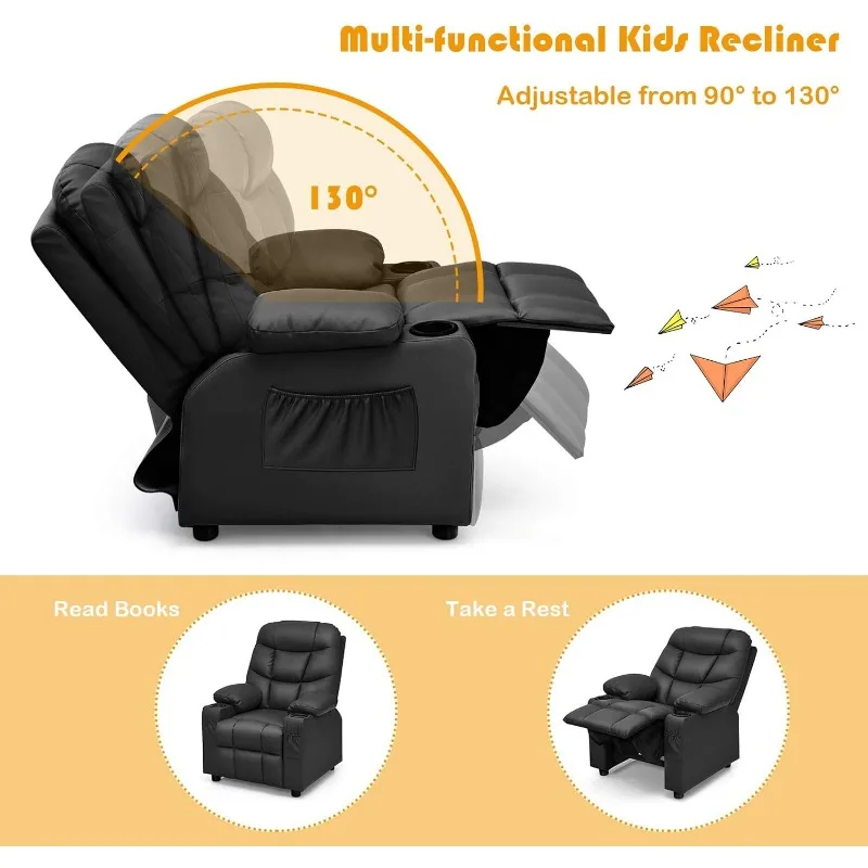 Fauteuil inclinable réglable avec porte-gobelet pour enfants, chaise longue en cuir avec repose-pieds et poches latérales pour enfants, garçons et filles