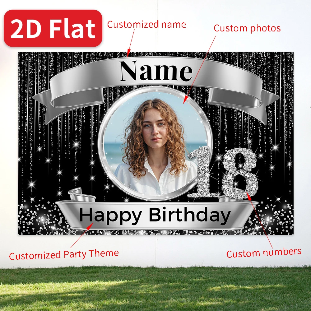 Custom Photo Name Silver Glitter Birthday Backdrop Black Tinsel Diamond Portrait Background Adult Photo Booth Decor