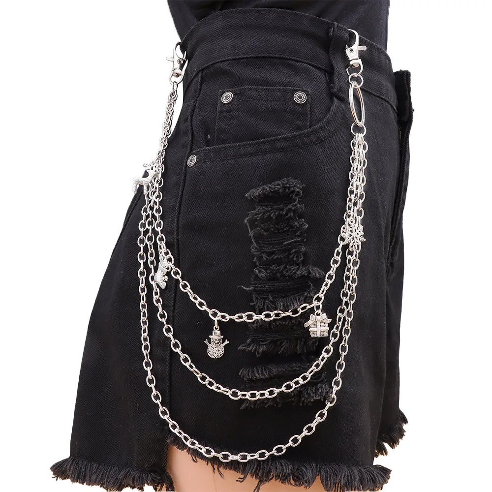personality multi-layered Christmas elements, snowman, snowflakes Metal Belt Chain Fashion Trousers Pant Waist Metal Chain Keych