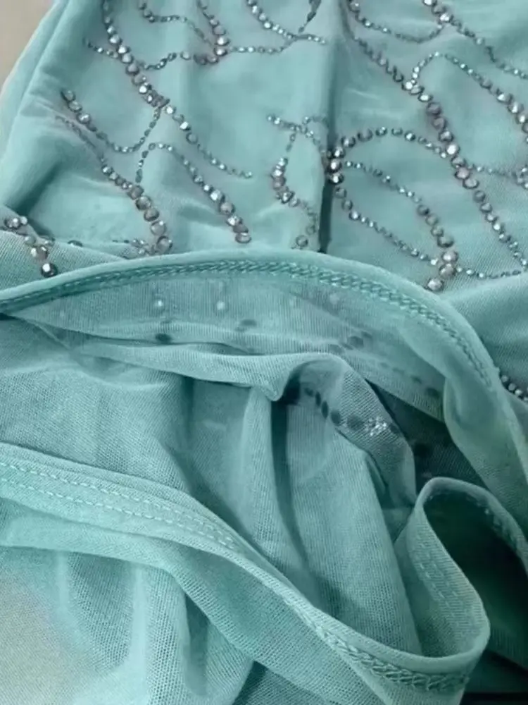 المرأة طبقة مزدوجة شبكة شفافة سترة مثيرة موضة حجر الراين أكمام Y2K شارع العليا يتعرض السرة المرأة تي شيرت