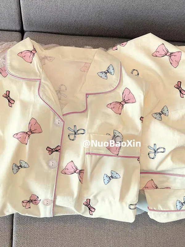Princess Style  Knot Print Sleepwear Long Sleeve Home Clothes Set for Women High Aesthetic Value Sweet Home Leisure ...