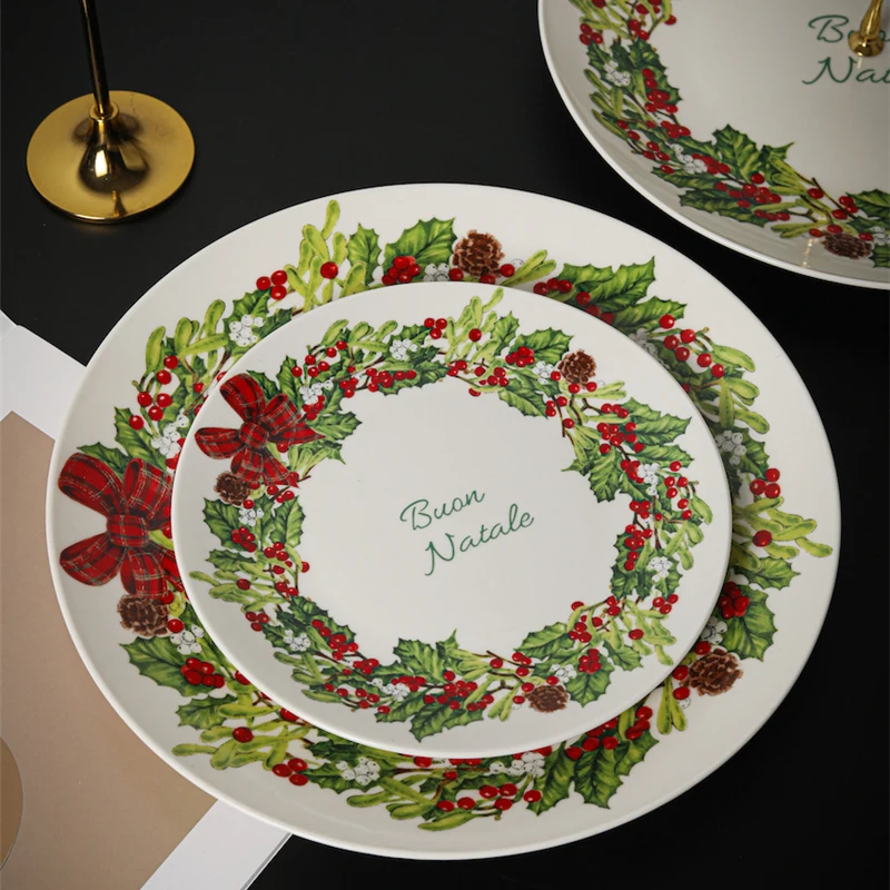 Christmas Dinner Plates Wreath Decoration 10inch Round Ceramic Dishes Double-layer Cake Tray Kitchen Tableware Dinnerware