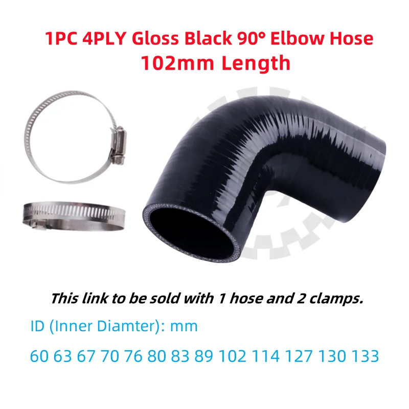 

4PLY 90° Gloss Black 90 Degree Elbow Bend General Silicone Intercooler Coupler Hose ID 60 63 67 70 76 80 83 89 102 114 127mm 1PC