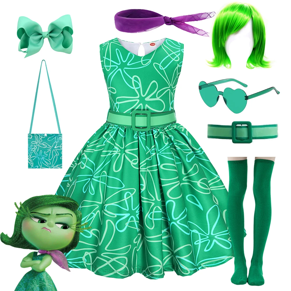 Inside Out Disgust Cosplay Costume Kids Cartoon Princess Dress+Belt+Scarf +Wig+Sunglasses+hairpin Xmas Carnival Party Dress Up