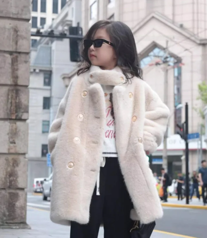 2024 Girls New Winter Faux Fur Coat Children Fashion Lamb Woolen Warm Thick Outweaer y1393